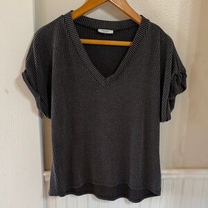 Discreet Black and Grey Striped V-Neck Tee